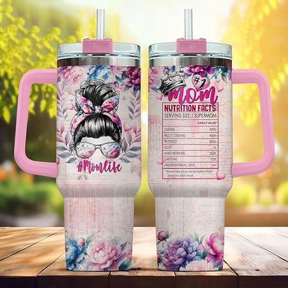 To Rose Handle Parade For Steel Flower Mommy Eleven Momma Mama Funny, Mom Gifts, Mom Life Messy Bun Floral Nutrition Facts, Tumbler 40 Oz With Handle Lid And Straw