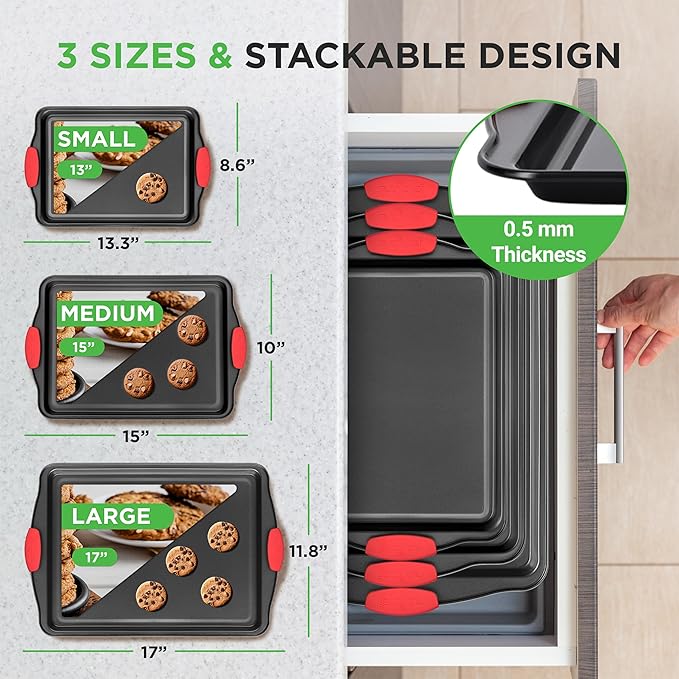 NutriChef 3-Piece Nonstick Kitchen Oven Baking Pans - Premium  Stylish Non-Stick Steel, Commercial Grade Restaurant Quality Metal Bakeware with Red Silicone Handles - Easy to Clean, NCSBS3S
