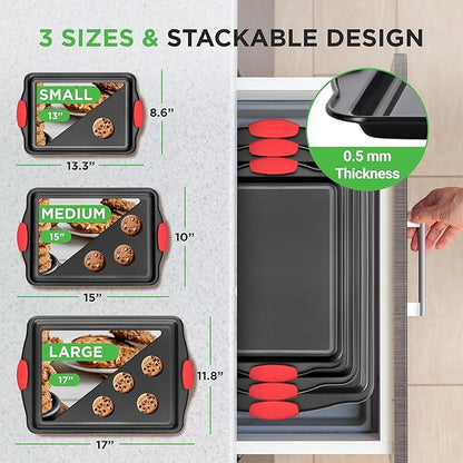 NutriChef 3-Piece Nonstick Kitchen Oven Baking Pans - Premium  Stylish Non-Stick Steel, Commercial Grade Restaurant Quality Metal Bakeware with Red Silicone Handles - Easy to Clean, NCSBS3S