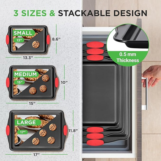 NutriChef 3-Piece Nonstick Kitchen Oven Baking Pans - Premium  Stylish Non-Stick Steel, Commercial Grade Restaurant Quality Metal Bakeware with Red Silicone Handles - Easy to Clean, NCSBS3S