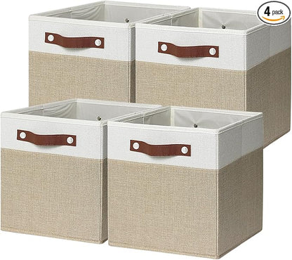 11 inch Open Collapsible Fabric Storage Bins with Vegan Leather Handles, Sturdy Cube Storage Baskets for Shelves, Closet, Nursery, and Home Organization. (White and khaki, (11x11) 4 pack)