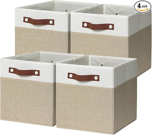 11 inch Open Collapsible Fabric Storage Bins with Vegan Leather Handles, Sturdy Cube Storage Baskets for Shelves, Closet, Nursery, and Home Organization. (White and khaki, (11x11) 4 pack)
