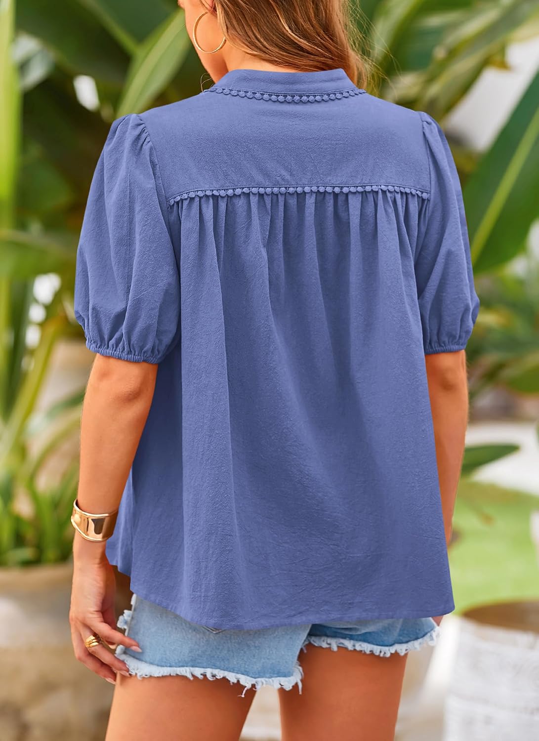 XXL PRETTYGARDEN Women's 2026 Summer Button Down Shirts Short Lantern Sleeve V Neck Cotton Cute Tops Dressy Casual Blouses