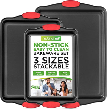 NutriChef 3-Piece Nonstick Kitchen Oven Baking Pans - Premium  Stylish Non-Stick Steel, Commercial Grade Restaurant Quality Metal Bakeware with Red Silicone Handles - Easy to Clean, NCSBS3S