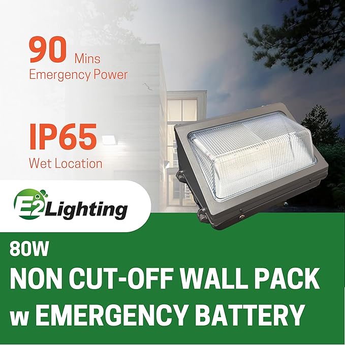 80W Non Cut Off LED Wall Pack with Emergency Battery BackupPhotocell, RoHs Compliant UL and DLC Certified LED Wall Packs Commercial, 5 Year Warranty CCT and wattage tunable