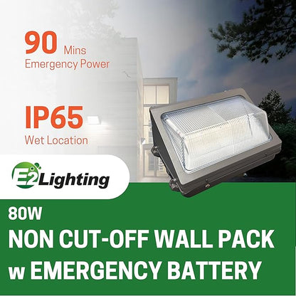 80W Non Cut Off LED Wall Pack with Emergency Battery BackupPhotocell, RoHs Compliant UL and DLC Certified LED Wall Packs Commercial, 5 Year Warranty CCT and wattage tunable