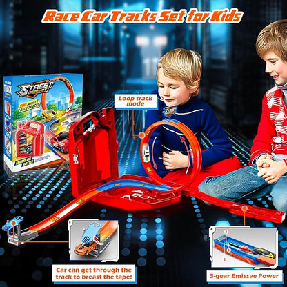 Race Track Toy Car Set with 2 Race Cars,2 in 1 Car Tracks Style with Storage Box,Changeable Tracks Toys Birthday Gifts for Kids 3 4 5 6 7 8+Year Old Boys Girls (Red)