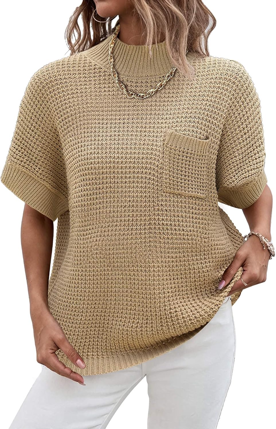 Women 2026 Sweater Vest Mock Neck Batwing Short Sleeve Oversized Ribbed Knit Tops Fall Pullover Sweater S-XXL