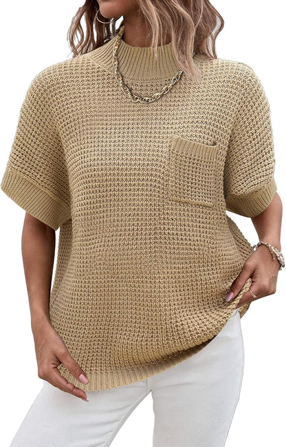 Women 2026 Sweater Vest Mock Neck Batwing Short Sleeve Oversized Ribbed Knit Tops Fall Pullover Sweater S-XXL