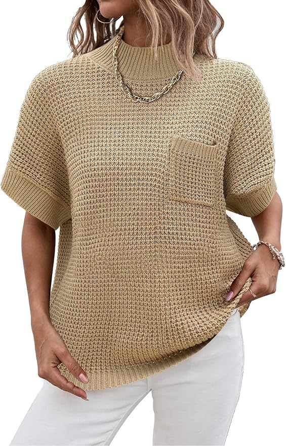 Women 2026 Sweater Vest Mock Neck Batwing Short Sleeve Oversized Ribbed Knit Tops Fall Pullover Sweater S-XXL