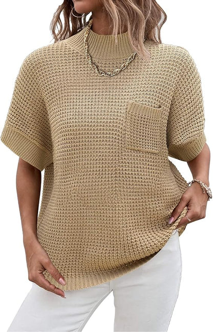 Women 2026 Sweater Vest Mock Neck Batwing Short Sleeve Oversized Ribbed Knit Tops Fall Pullover Sweater S-XXL