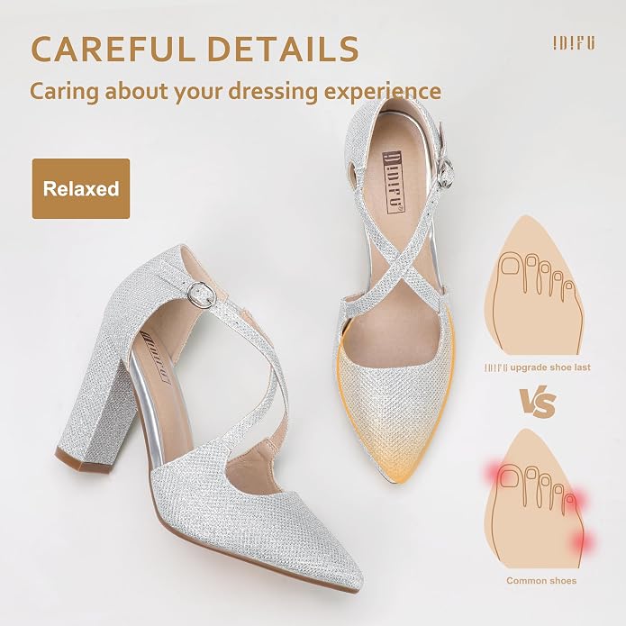 IDIFU Women's IN4 Chunky High Heels Pumps Closed Toe Block Strappy Heels | Prom Wedding Party Office Work Formal Pointed Toe Dress Shoes for Women