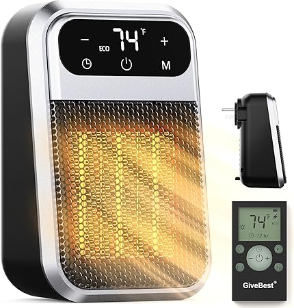 GiveBest 800W Wall Outlet Space Heater with Remote,LED Display Small Plug in Electric Heater with Adjustable Thermostat and Timer for rv and Home Office Bathroom Indoor Use