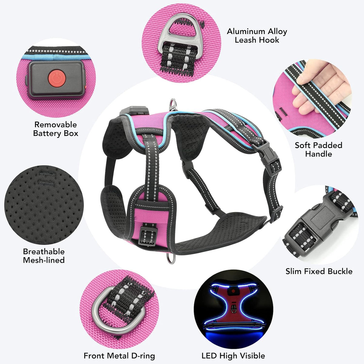 Safety LED Dog Harness - Light Up Dog Vest, No-Pull Dog Harness - Rechargeable Glowing Pet Harness for Night Walking & Camping (Purple+pink Light, Small)
