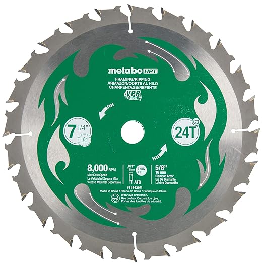 Metabo HPT Circular Saw Blade, 7-1/4", 24T, Framing/Ripping, VPR Blade w/Tungsten Carbide Tips (115429M)