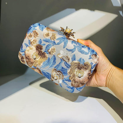 HUFFA Women Embroidery Flowers Evening Clutch Bags Diamond Banquet Shoulder Bags Wedding Dinner Wallets Purse (Color : Blue)