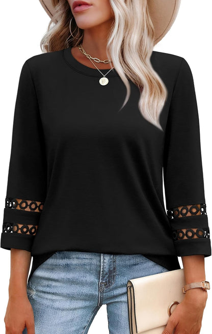 XIEERDUO 3/4 Length Sleeve Womens Tops and Blouses Dressy Casual Crewneck T Shirts Fashion Clothes Loose Fit Trendy