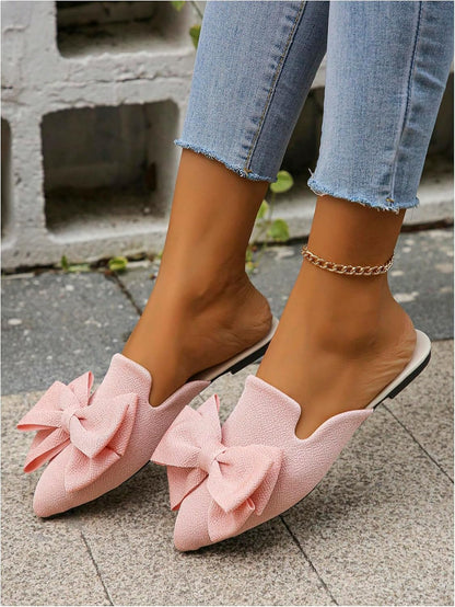 Verdusa Mules for Women Bow Dressy Pointed Toe Flat Shoes Backless Loafers Slide Sandals Casual Slides Work Shoes