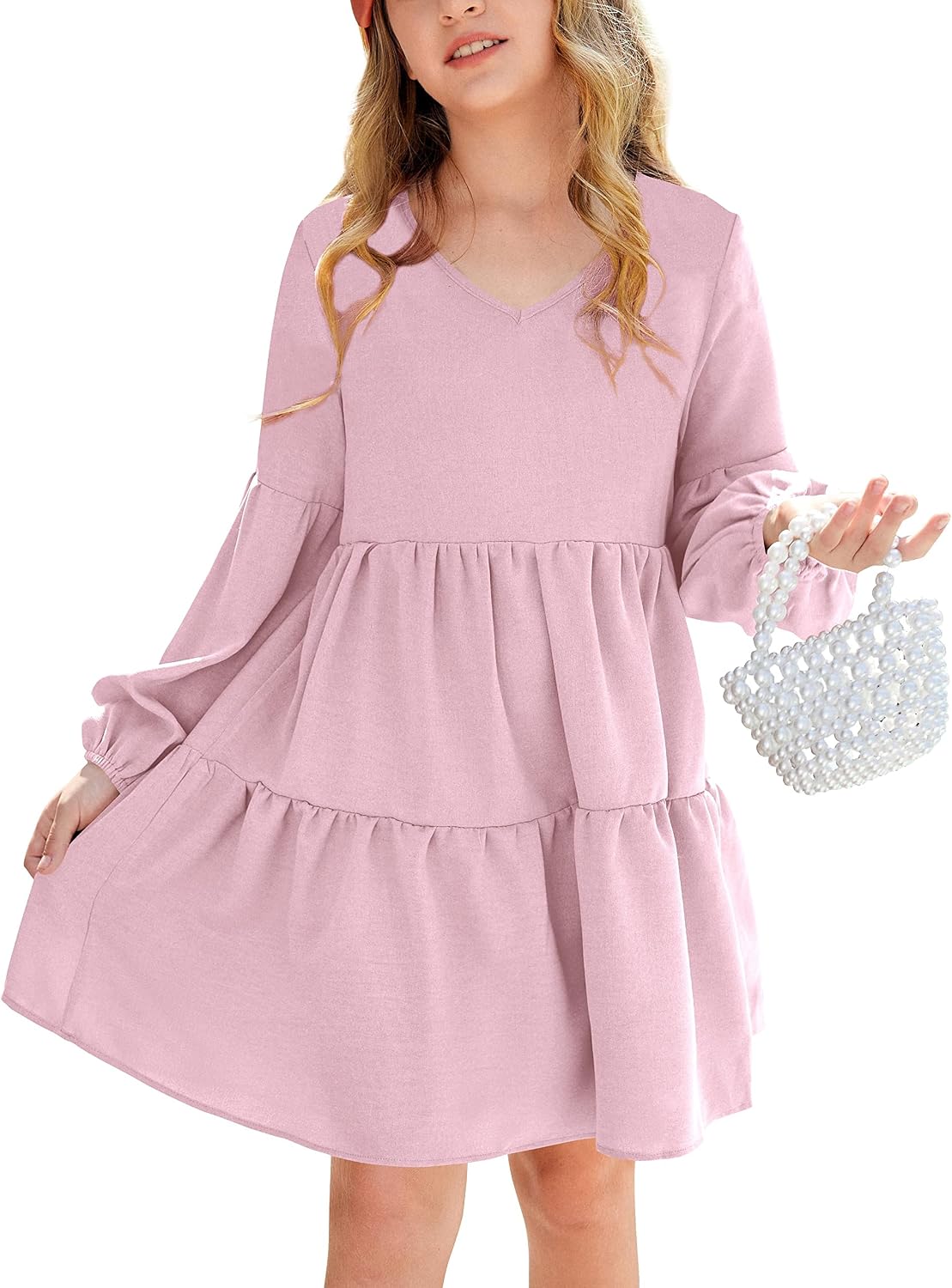 Imily Bela Girls Casual Tunic Dresses V Neck Long Short Sleeve School Party Swing Dress 5-14 Years