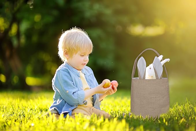 Easter Egg Hunt Basket Bag - Bunny Rabbit Ear Design - Reusable Grocery Shopping Baskets - Kids Party Gift Bags - Baby Shower  Book Storage by Jolly Jon (BurlapWhite Ears)