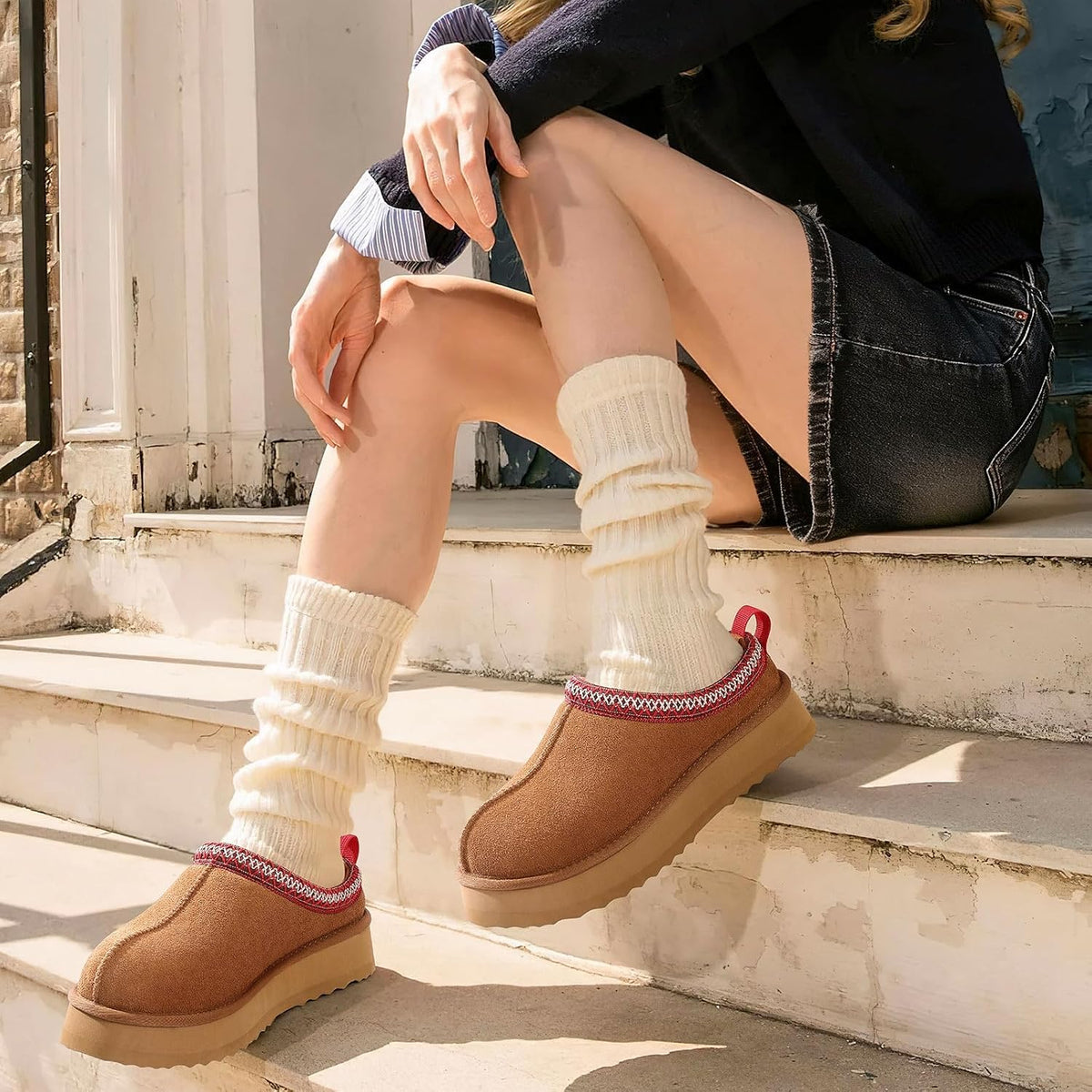 Genuine Suede Platform Slippers for Women Fuzzy Winter Warm Shoes Indoor Outdoor