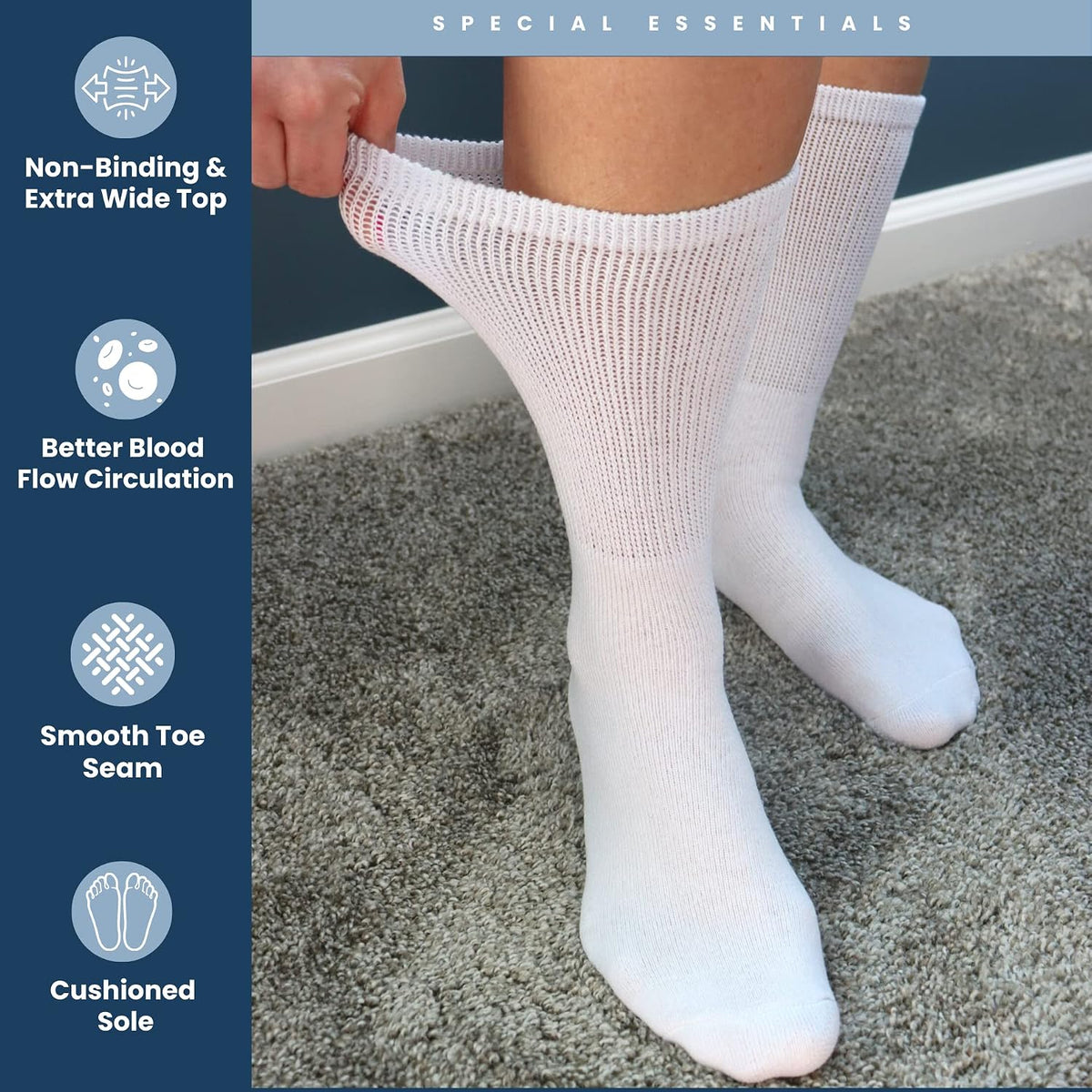 Special Essentials Diabetic Socks for Men & Women – 3 Pairs of Non-Binding Moisture-Wicking Neuropathy Socks – Crew Lengt