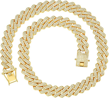 Mens Cuban Link Chain Miami Cuban Necklace 18K Gold Silver Chain Diamond Cut Chains For Men Women 14mm Iced Out Hip Hop Jewelry