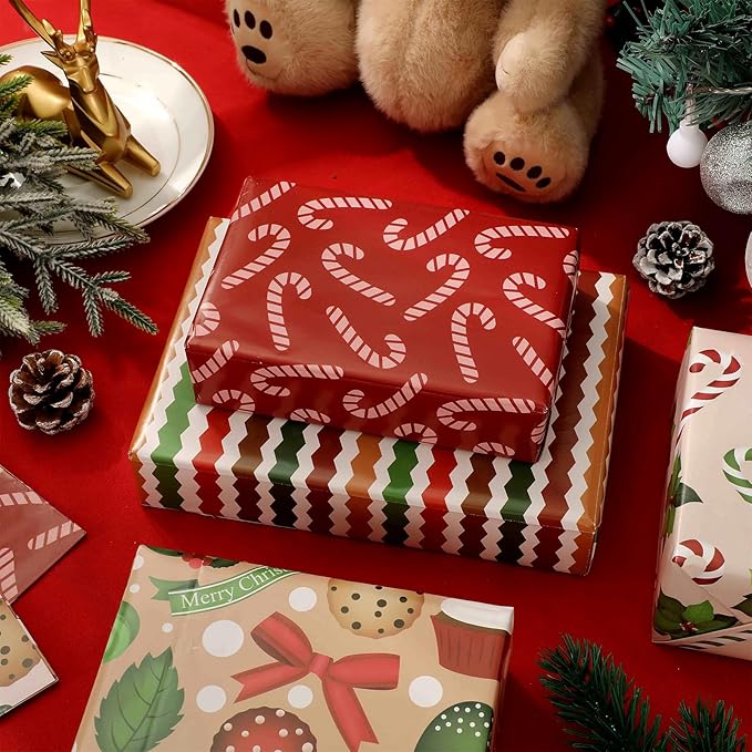 Generic AnyDesign 12 Sheets Christmas Wrapping Paper - Not Roll - Gingerbread Man Candy Canes Gift Wrap Paper Folded Flat Xmas DIY Art Craft Paper for Birthday Holiday Party, 19.7 x 27.6 Inch