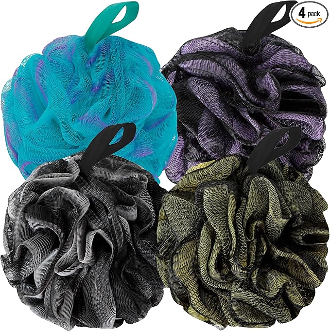 Bath Loofah Shower Sponge Body Back Scrubber Soft Mesh Shower Puffs Exfoliating Loofa for Women  Men Bath Accessories Cleaning Tool (Pack of 4 60G Loofah, Dark Elf)