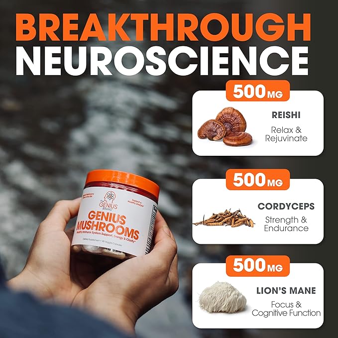 Genius Mushroom Supplement - Full-Spectrum Lions Mane, Cordyceps, Reishi -Daily Brain Nootropic for Energy, Focus, Memory  Overall Wellness - 90 Capsules  Organic for Mental Clarity  Performance