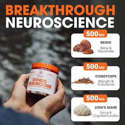 Genius Mushroom Supplement - Full-Spectrum Lions Mane, Cordyceps, Reishi -Daily Brain Nootropic for Energy, Focus, Memory  Overall Wellness - 90 Capsules  Organic for Mental Clarity  Performance