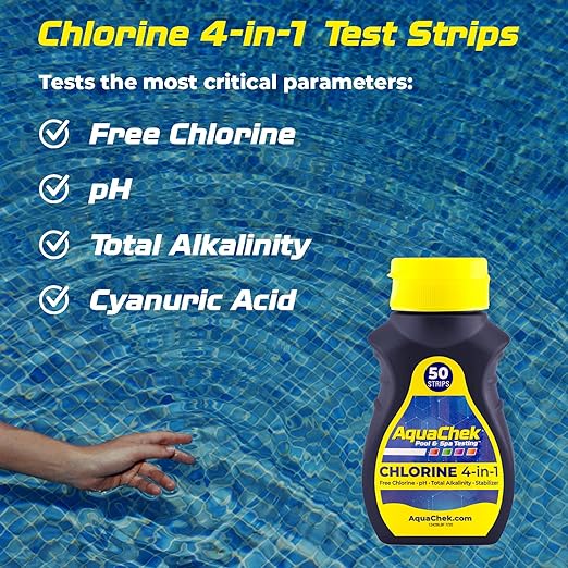 AquaChek Yellow 4-Way Pool and Spa Test Strips - 50 Yellow Test Strips - Swimming Pool Test Strips For pH, Free Chlorine, Total Alkalinity, and Cyanuric Acid - Quick and Accurate Results - Testing Kit
