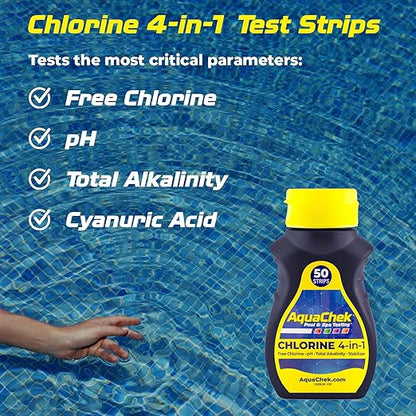 AquaChek Yellow 4-Way Pool and Spa Test Strips - 50 Yellow Test Strips - Swimming Pool Test Strips For pH, Free Chlorine, Total Alkalinity, and Cyanuric Acid - Quick and Accurate Results - Testing Kit