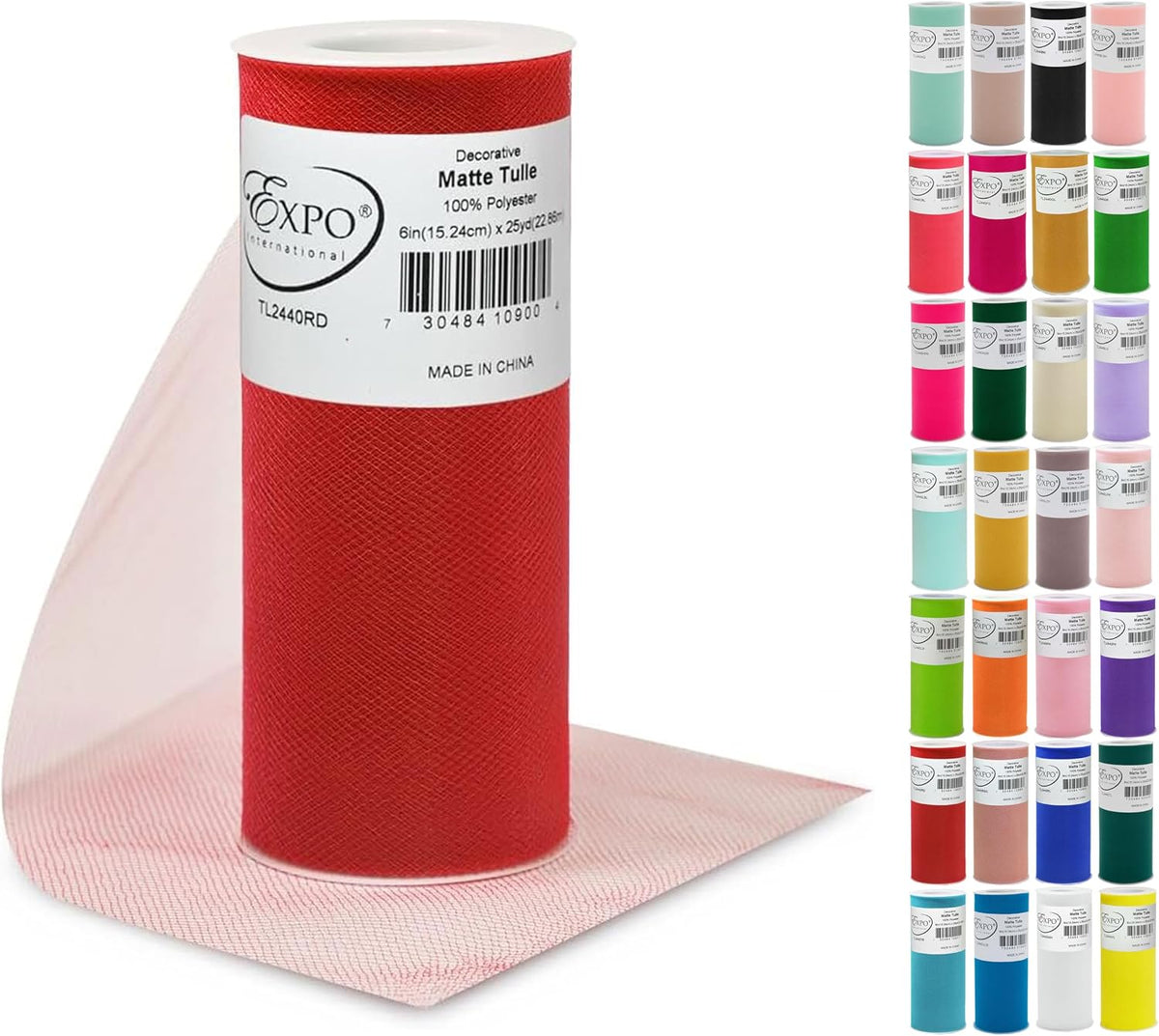 Expo International Decorative Matte Tulle, Lightweight Polyester Tulle Fabric for Tutus, Costumes, and Party Decorations, Washable, Easy-to-Use, 6 Inch x 25 Yards, Red, Pack of 1