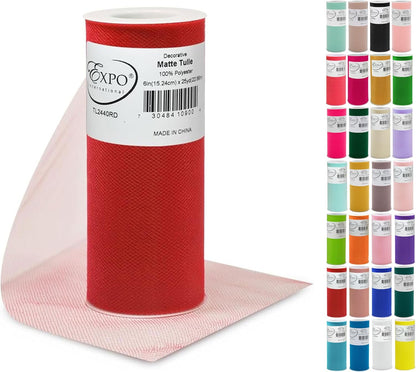 Expo International Decorative Matte Tulle, Lightweight Polyester Tulle Fabric for Tutus, Costumes, and Party Decorations, Washable, Easy-to-Use, 6 Inch x 25 Yards, Red, Pack of 1