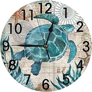 Sea Turtle Nautical Map Retro Wall Clock Battery Operated Silent Round Clock Wall Decor for Home Office School, 12 Inch