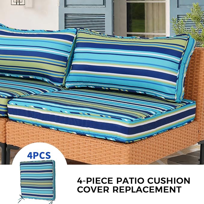 4 Pack Patio Cushion Covers Replacement, Washable Outdoor Cushion Covers Replacement with Zipper, Waterproof Outdoor Couch Cushion Slipcovers for Patio Furniture, Cyan Stripes, 18.9"D×18.9"W×3.15"H
