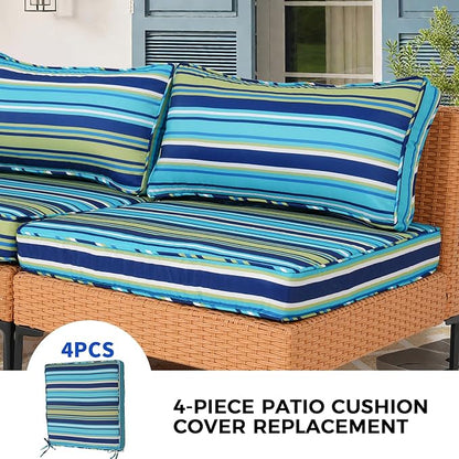 4 Pack Patio Cushion Covers Replacement, Washable Outdoor Cushion Covers Replacement with Zipper, Waterproof Outdoor Couch Cushion Slipcovers for Patio Furniture, Cyan Stripes, 18.9"D×18.9"W×3.15"H