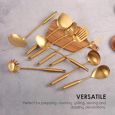 Gold Kitchen Utensils Set - 1810 Stainless Steel Cooking Tools, 15" All Metal Serving Utensils with Fork, SolidSlotted Spoon, Spatula, Ladle, Skimmer, Tunner, Pasta Spoon, Large Spoon, Set of 9
