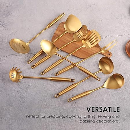 Gold Kitchen Utensils Set - 1810 Stainless Steel Cooking Tools, 15" All Metal Serving Utensils with Fork, SolidSlotted Spoon, Spatula, Ladle, Skimmer, Tunner, Pasta Spoon, Large Spoon, Set of 9