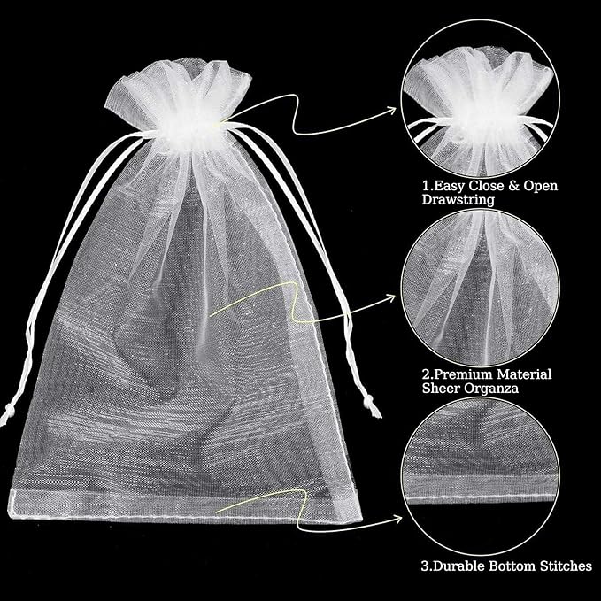 100PCS Sheer Organza Bags With Drawstring for Wedding Favor, Party, Favor Jewelry, Candy, Birthday, Christmas, Festival, Soaps, Makeup,Wrapping Supplies, 4.72 x 4 Inch Small Mesh White Gift Bags.