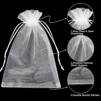 100PCS Sheer Organza Bags With Drawstring for Wedding Favor, Party, Favor Jewelry, Candy, Birthday, Christmas, Festival, Soaps, Makeup,Wrapping Supplies, 4.72 x 4 Inch Small Mesh White Gift Bags.