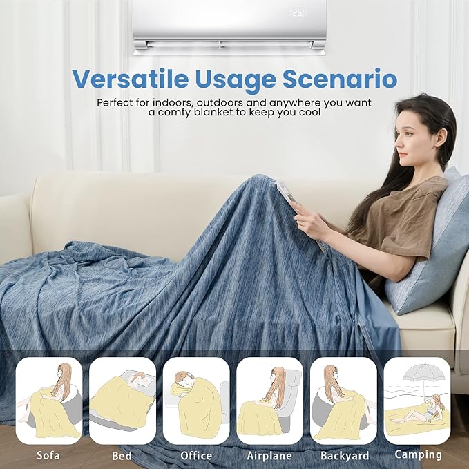 OIGAE Cooling Blanket Throw Size, Summer Blanket for Hot Sleepers, Arc-Chill Q-Max 0.5 Cool Fiber, Thin Lightweight Breathable Cold Throw Blanket for Bed Couch All Season Use, 50"x70", Blue