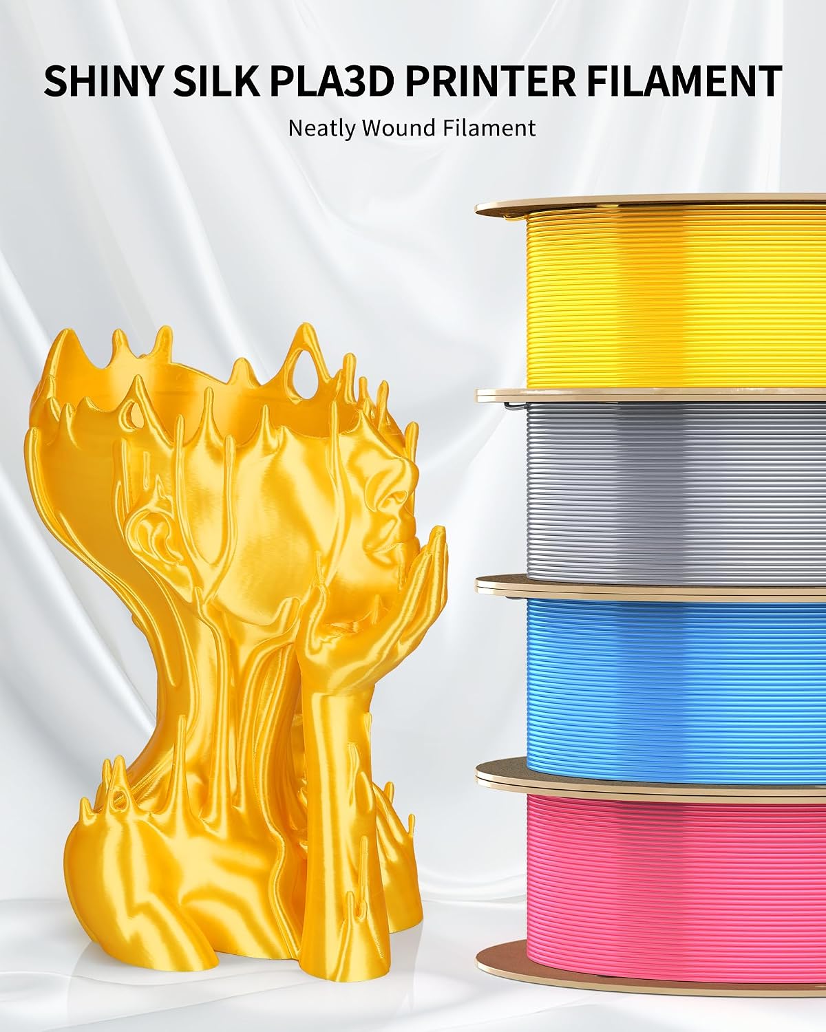 LANDU Silk PLA Filament 1.75mm Silver 1KG, 3D Printer Filament Dimensional Accuracy +/- 0.02mm, 1kg Cardboard Spool(2.2lbs), Neatly Wound 3D Printing Filament Fits for Most FFF 3D Printers, Silver