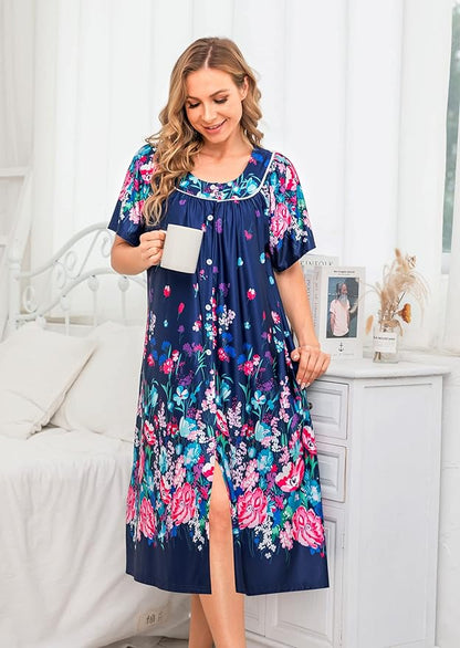 YOZLY House Dress for Women Short Sleeve House Coat Mumu Duster Robe with Pockets