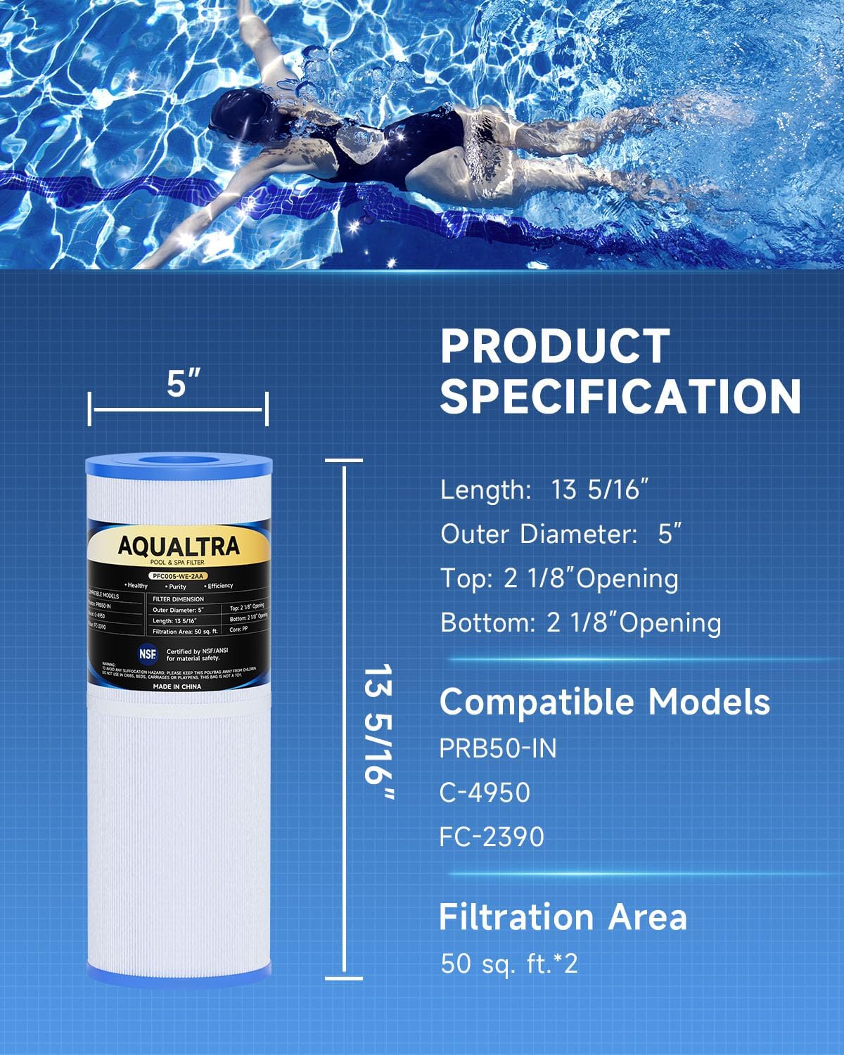 Spa Filter Compatible with PRB50-IN, C-4950, FC-2390, J200/J210/J220/J235/J245/J275, Guardian 413-212-02, 373045, 13 5/16" x 5" Drop in Hot Tub Filter 1 Pack (White)