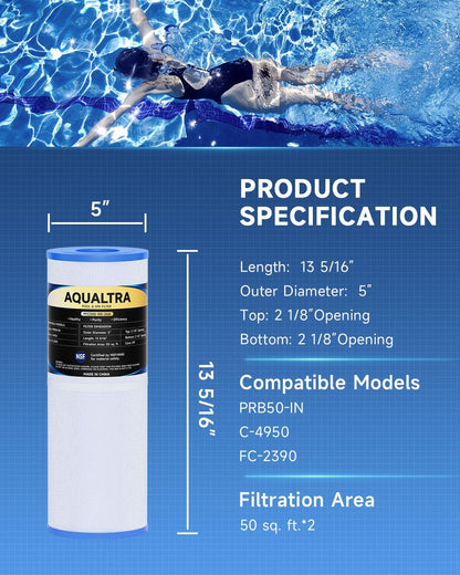 AQUALTRA Spa Filter Compatible with PRB50-IN, C-4950, FC-2390, J200/J210/J220/J235/J245/J275, Guardian 413-212-02, 373045, 13 5/16" x 5" Drop in Hot Tub Filter 1 Pack only (White)