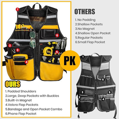 Tool Vest Electrician, Tool Vest for Men, Construction Tool Vest, 22 Pockets, Reflective Work Tool Vest for Men, Tool Vest for Carpenters, Adjustable Tool Vest, Tool Vest for Handyman