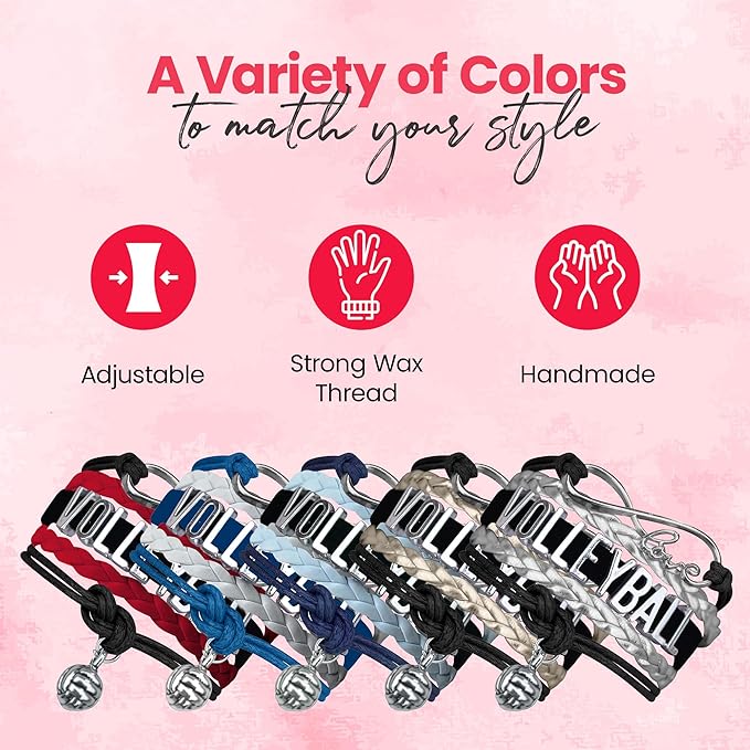 Volleyball Bracelets For Girls- Ideal Volleyball Gifts & Souvenirs. Adjustable Charm Bracelet with Moveable Letters, Infinity Symbol & Silver Volleyball Charm. Fashionable Bracelets by SportyBella.