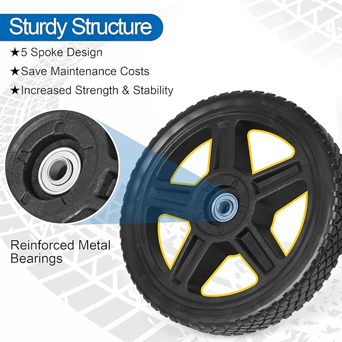 7 Inch Lawn Mower Wheels Kits Universal 7" Push Mower Wheels with 12" Bearing, Bolts  Nuts, Plastic Replacement Tires for Most Standard Garden Tiller, Pressure Washer, Handtruck, 2 Pack